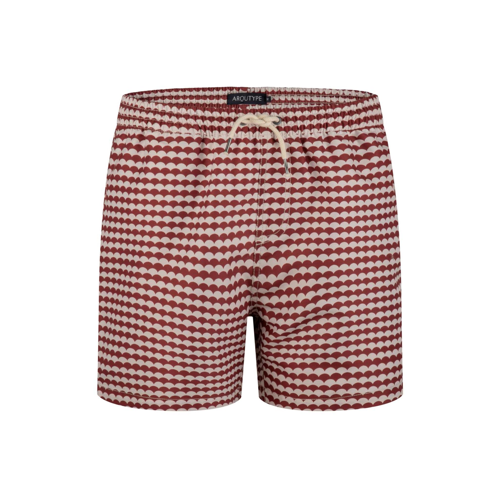 Byron Swim Shorts with elastic waistband and drawstring, featuring a red and white wave pattern.