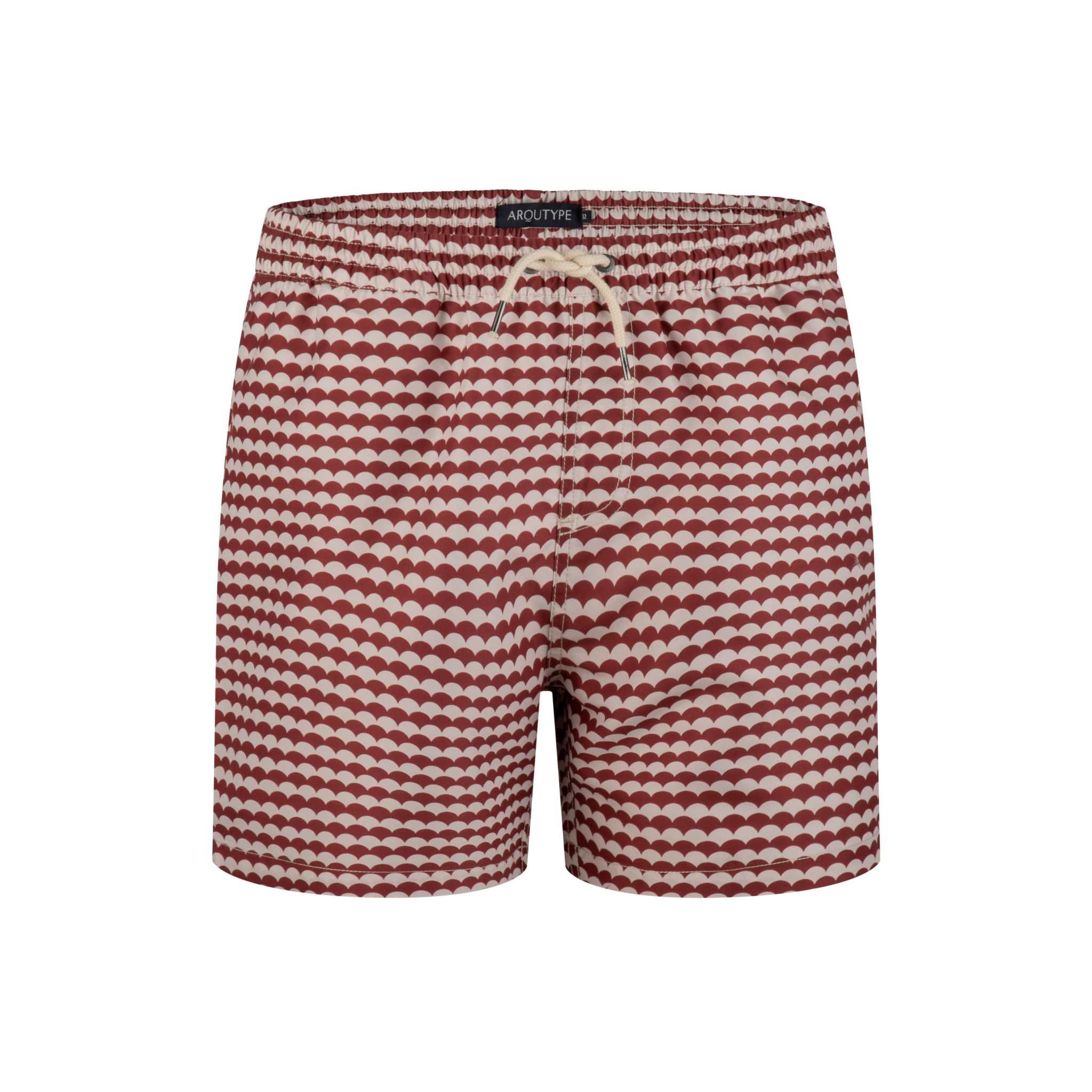 Byron Swim Shorts with elastic waistband and drawstring, featuring a red and white wave pattern.