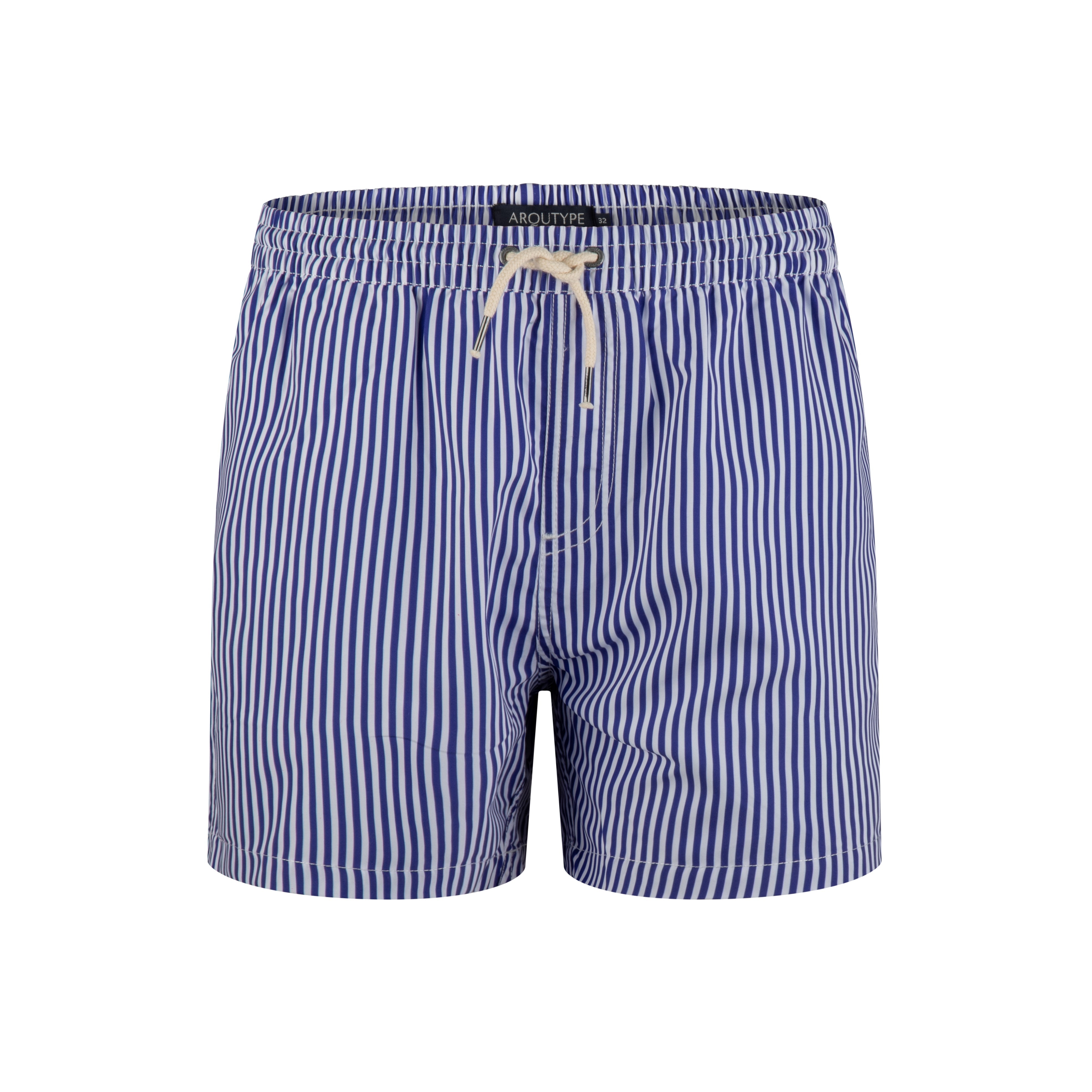 Cannes Swim Shorts, blue striped, recycled polyester, elastic waistband, quick-dry, mesh lining.