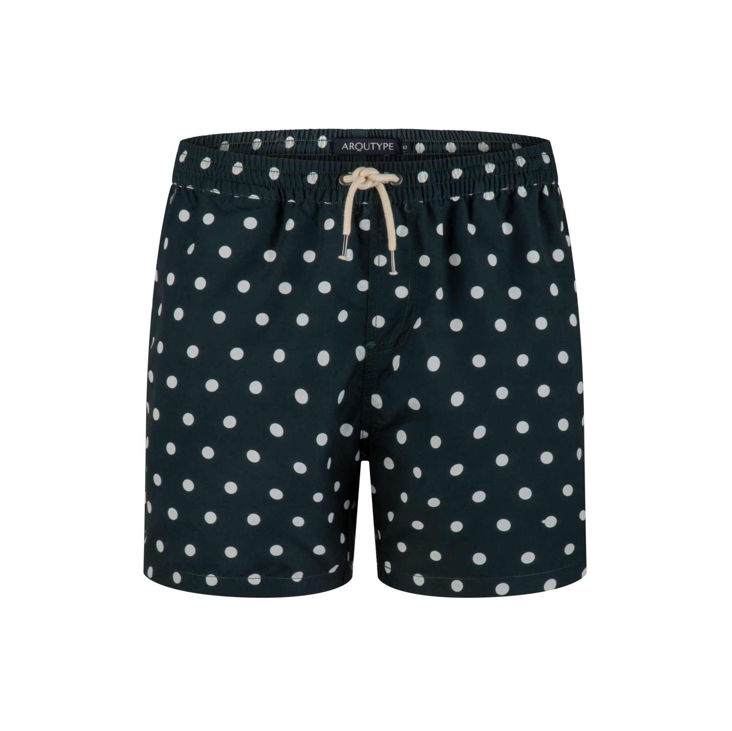 Como Swim Shorts with polka dot design, featuring elastic waistband and drawstring for comfort and style.