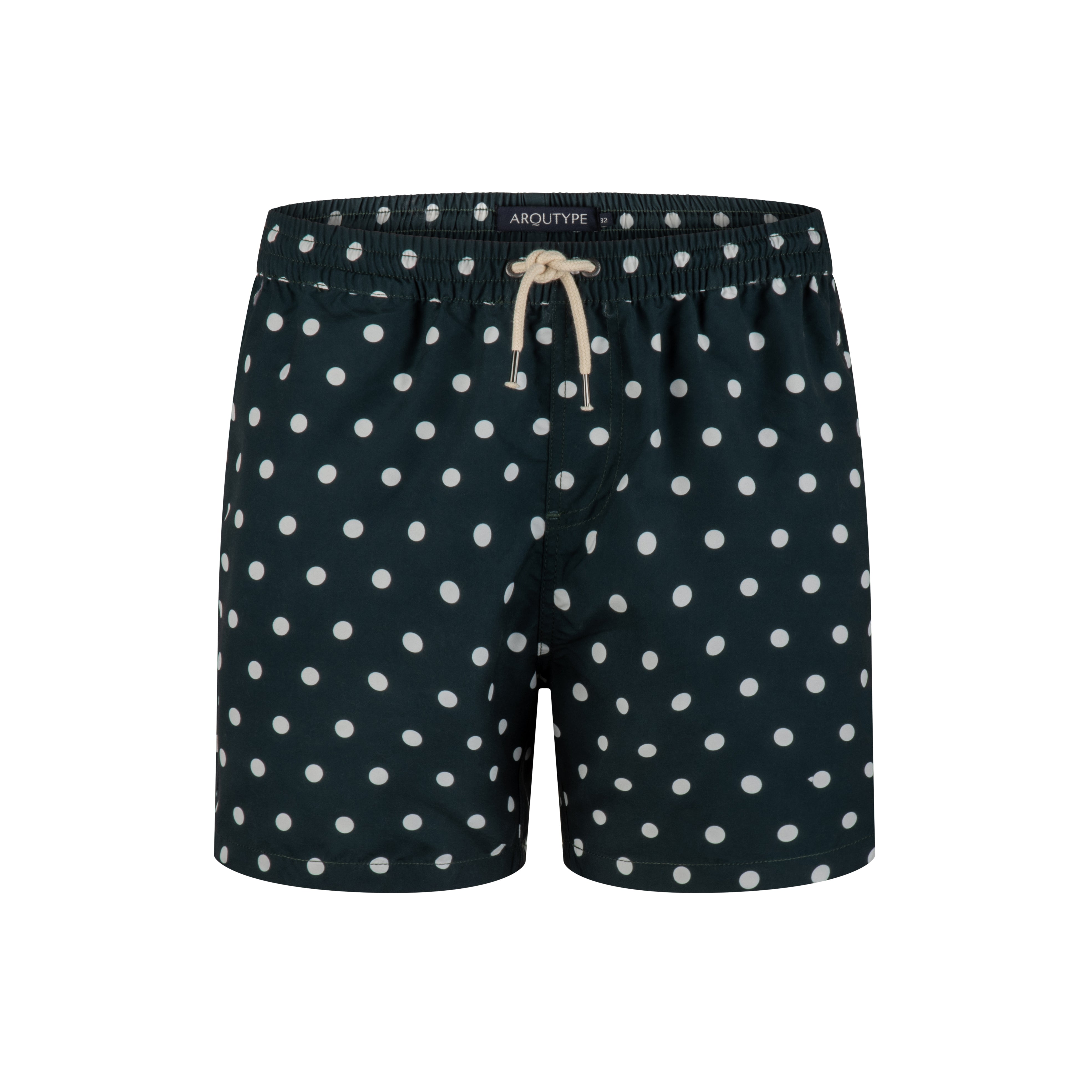 Como Swim Shorts with polka dot design, featuring elastic waistband and drawstring for comfort and style.