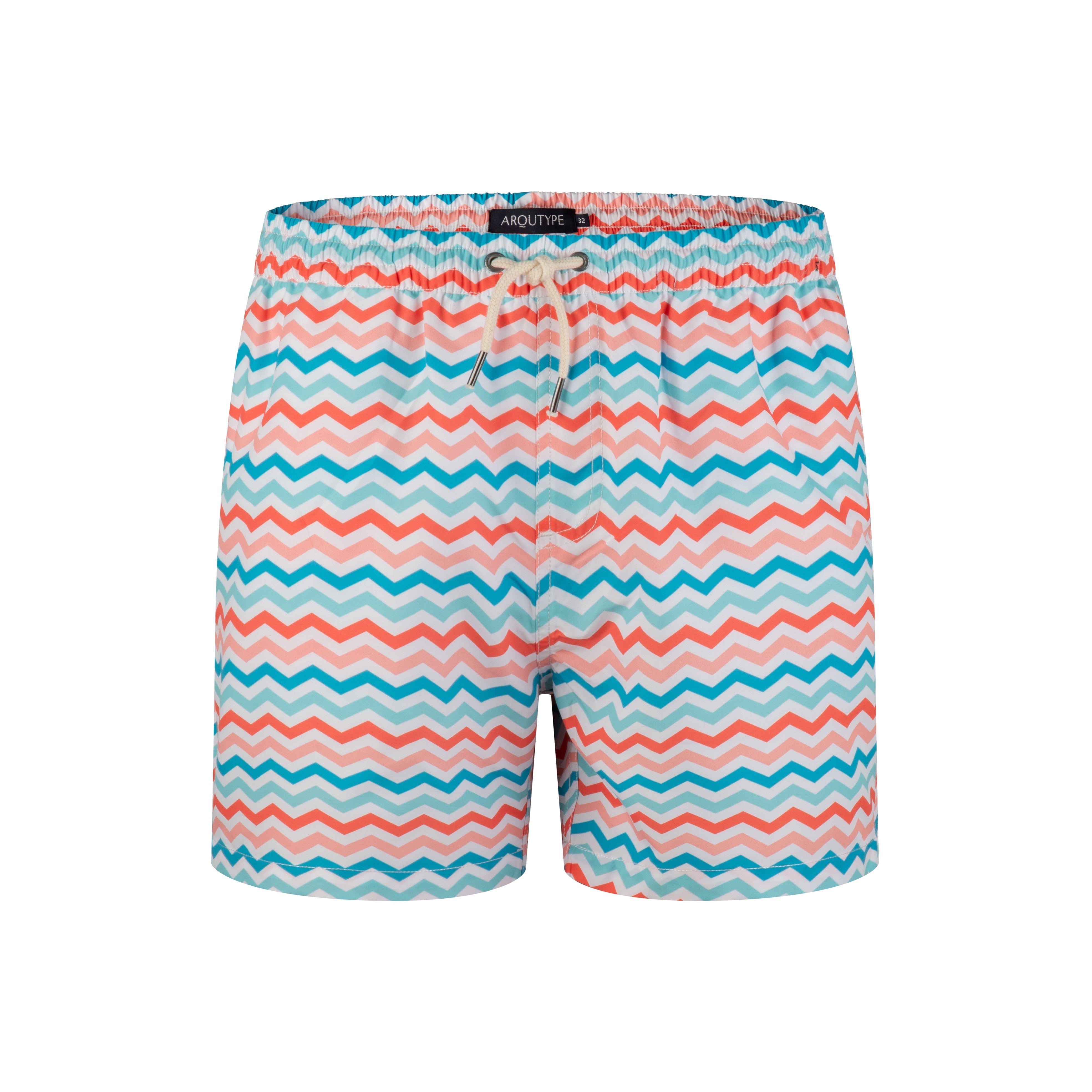 Montego Bay Swim Shorts with colorful zigzag pattern and drawstring waist.