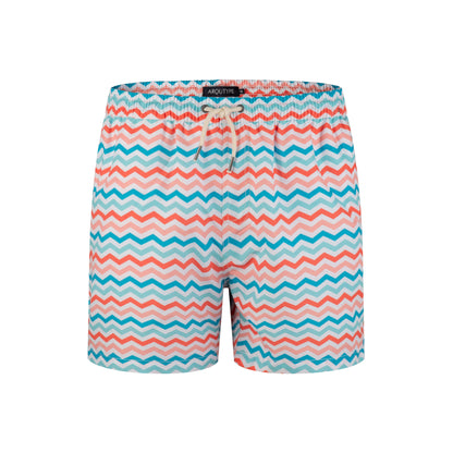 Montego Bay Swim Shorts with colorful zigzag pattern and drawstring waist.