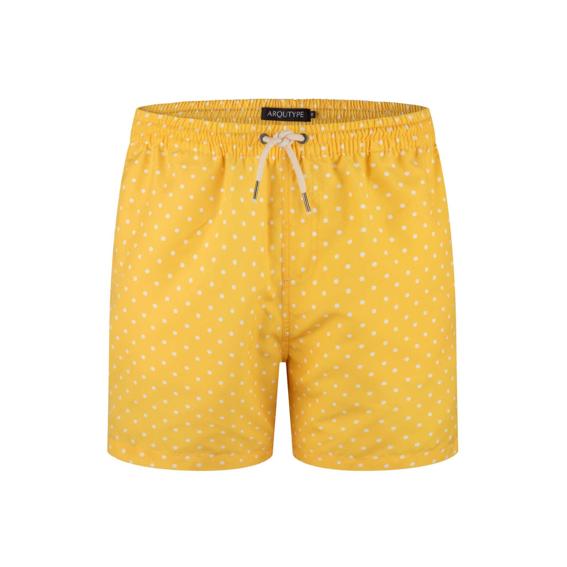 Yellow polka dot St Lucia swim shorts with elastic waistband and drawstring.