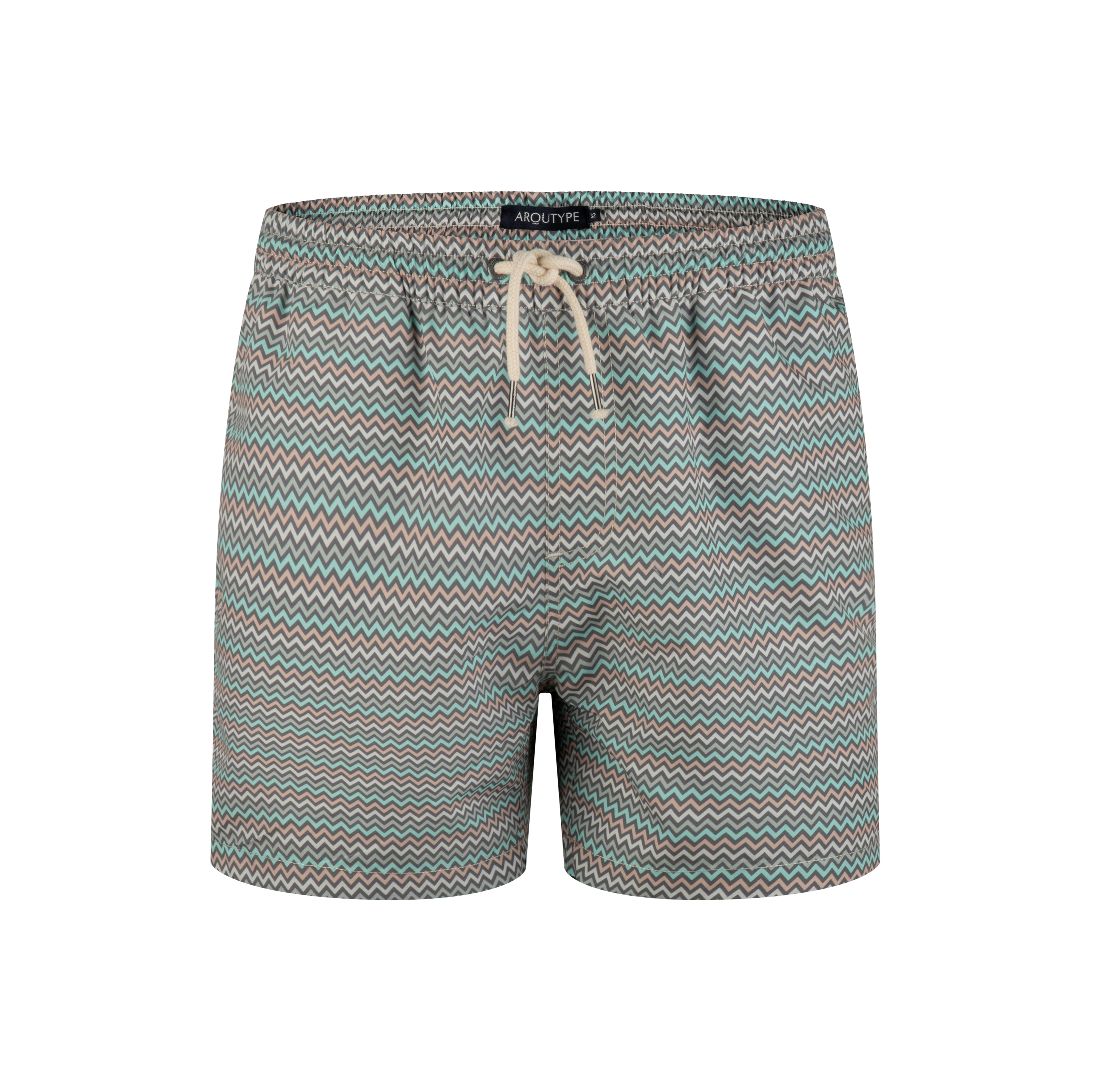 Tulum Swim Shorts with zigzag pattern and drawstring waistband.