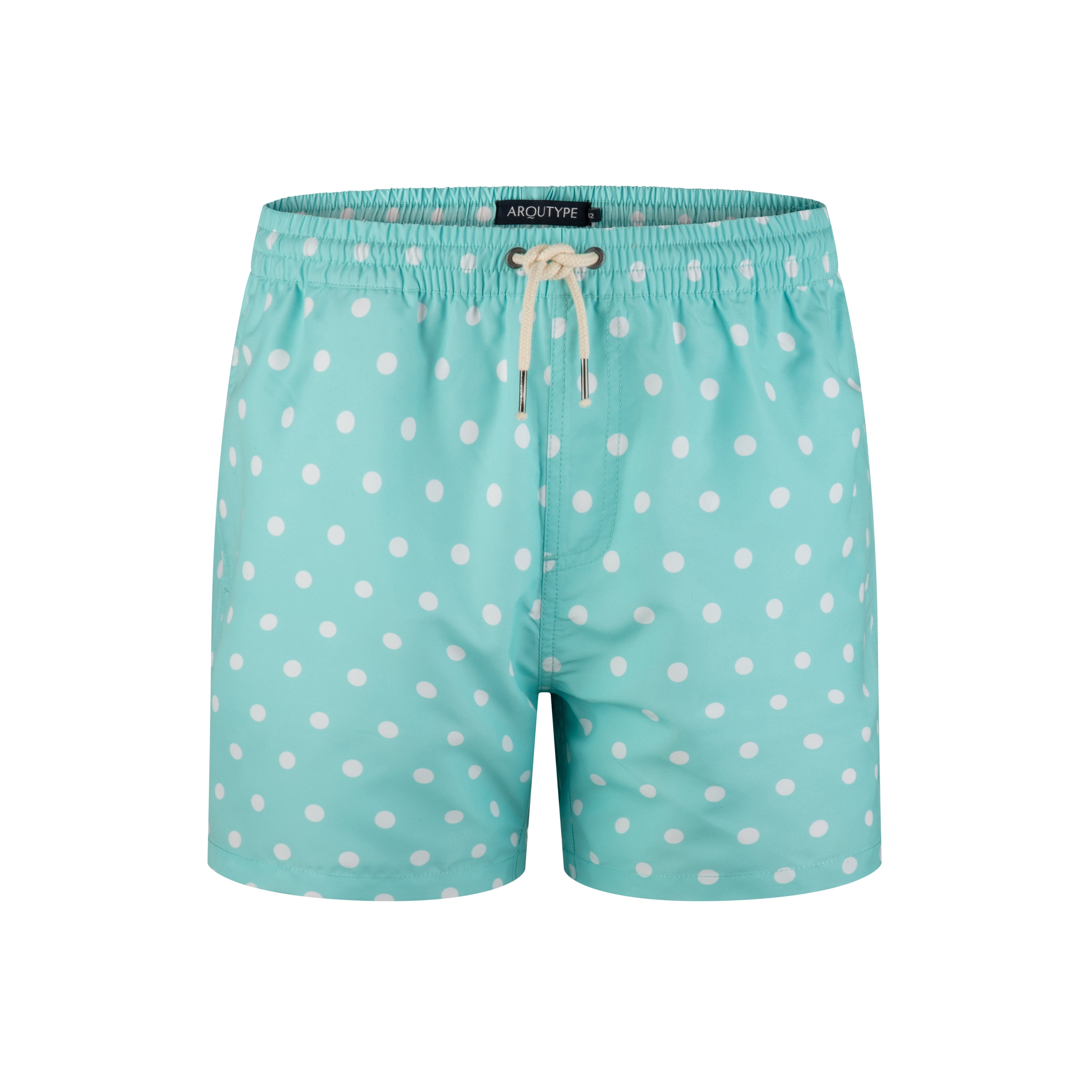 Light blue Whitehaven Swim Shorts with white polka dots, featuring a drawstring waistband and eco-friendly material.