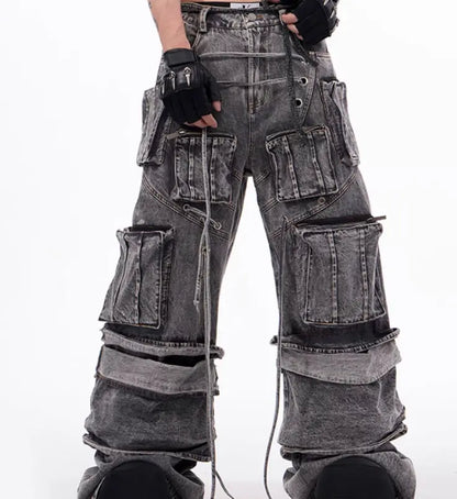 Grey Distressed Denim Cargo Overalls, Rope Stitching Mop Pants, Streetwear Utility Workwear - MENLL