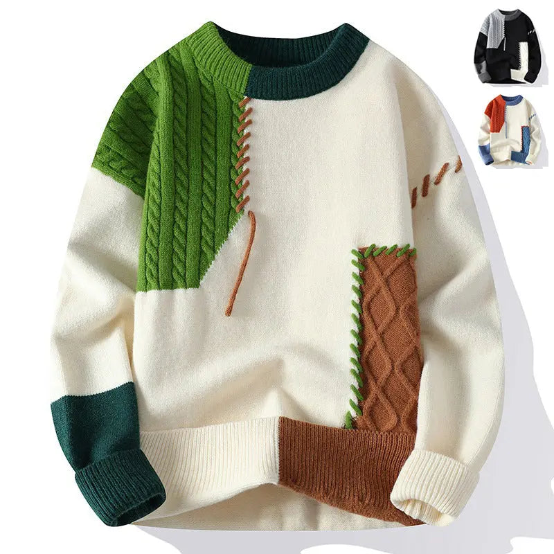 Ins Colorblock Pullover Sweater Winter Fashion Long Sleeve Knitted Top Men's Clothing MENLL