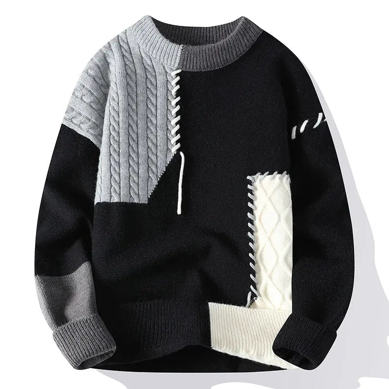 Ins Colorblock Pullover Sweater Winter Fashion Long Sleeve Knitted Top Men's Clothing MENLL