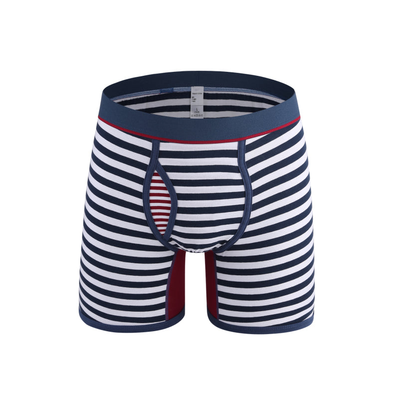Men's stretch stripe knit boxer briefs with low waist and elastic waistband.