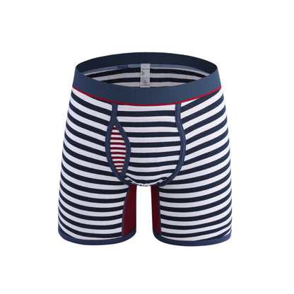 Men's stretch stripe knit boxer briefs with low waist and elastic waistband.