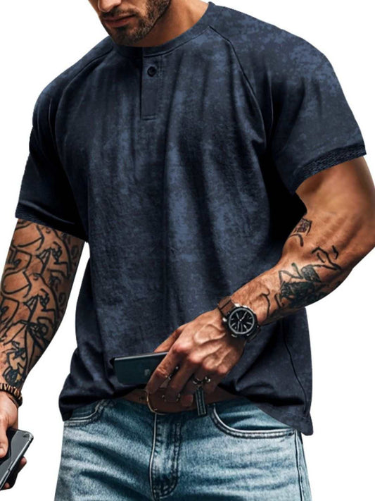 Men's full-size round neck short sleeve T-shirt, slightly stretchy, polyester and cotton blend.
