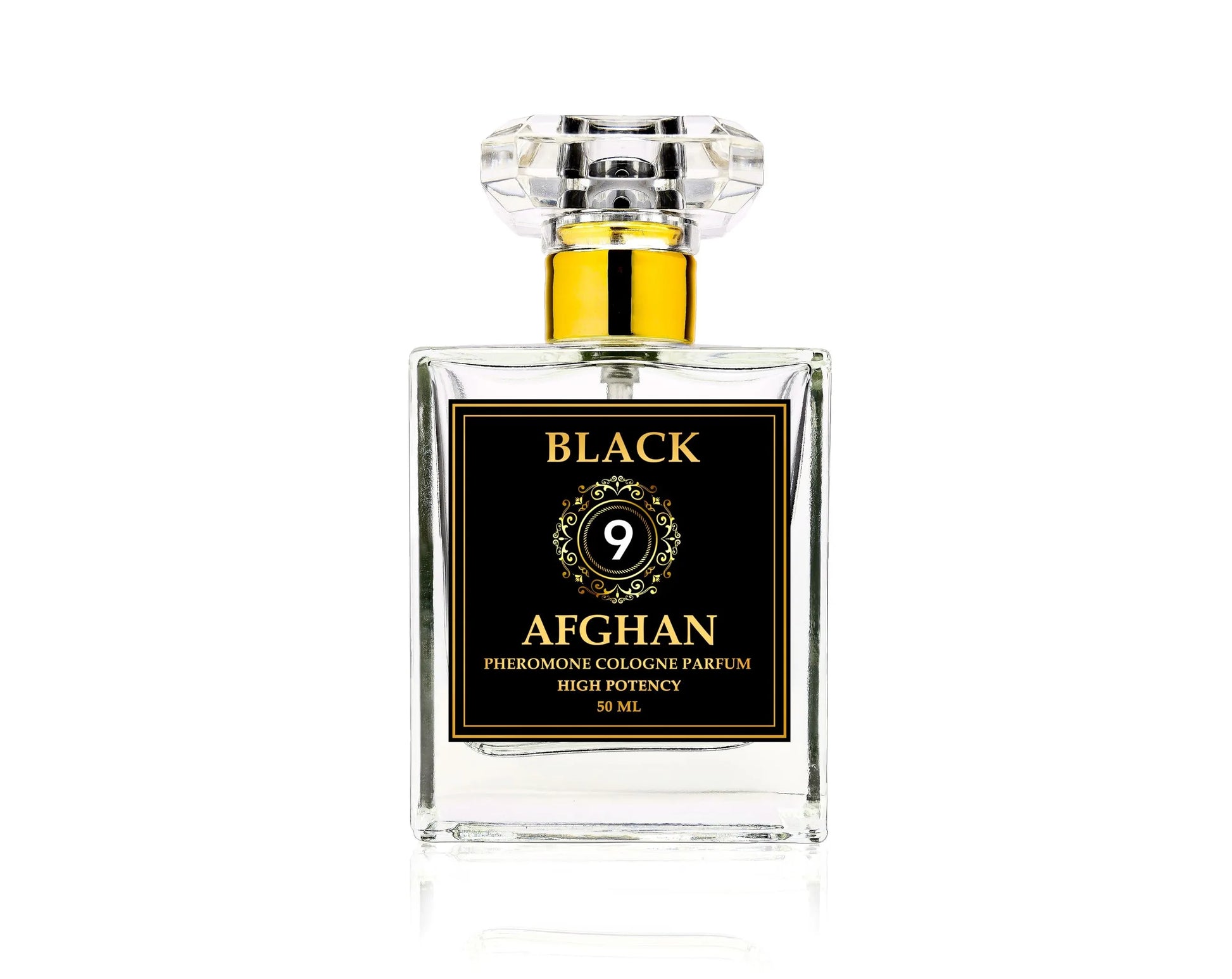 Black Afghan High Potency Pheromone Cologne bottle with gold accents.