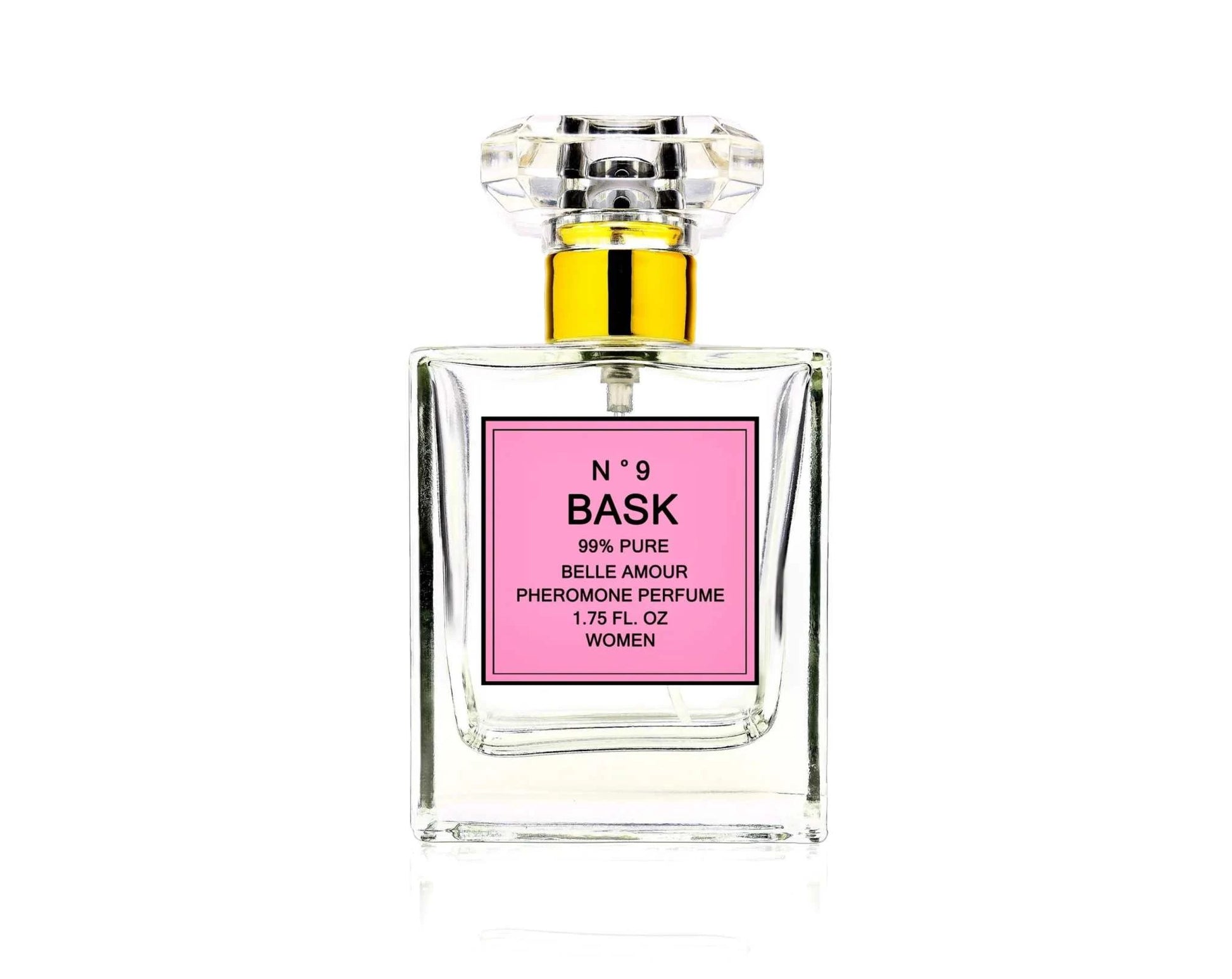 Elegant bottle of high potency French pheromone perfume with pink label.