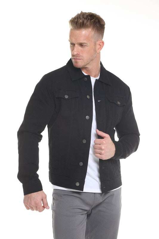 Men's denim jacket in solid black, 100% cotton, casual style.