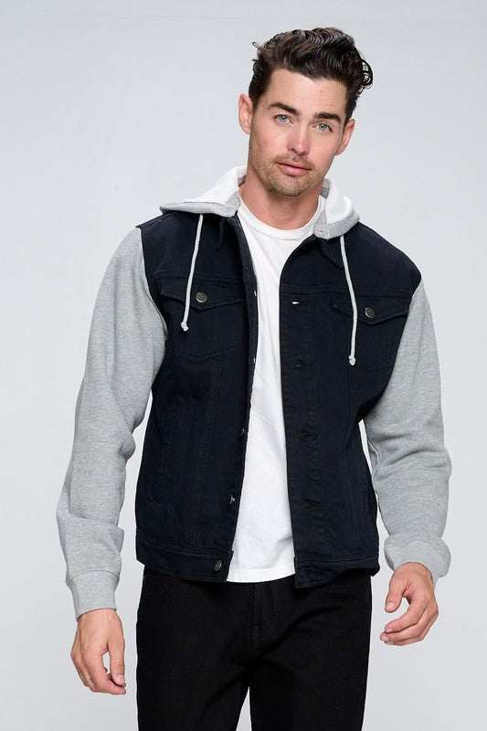 Men's denim jacket with fleece hood, black, 100% cotton.