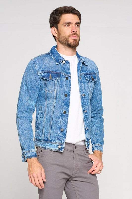 Men's casual denim jacket in solid blue, 100% cotton, available in big and tall sizes.