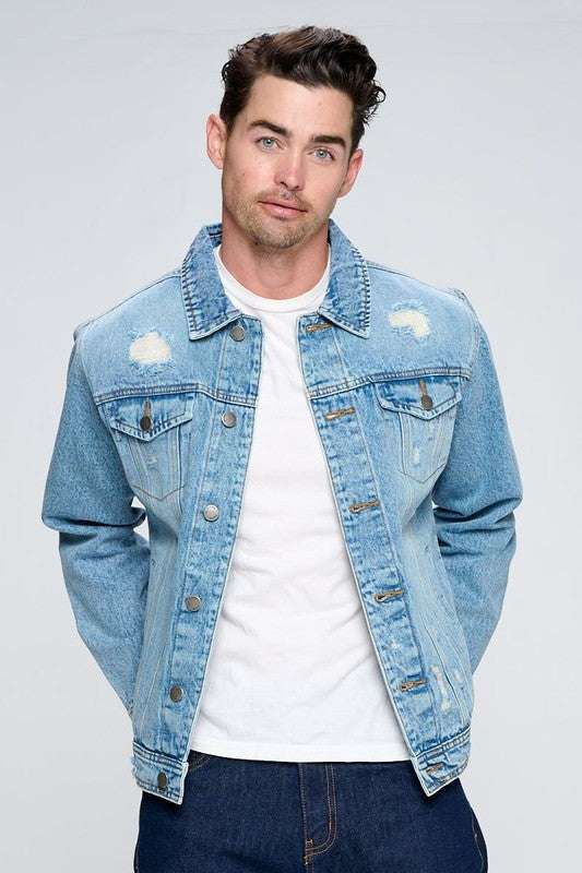 Men's distressed denim jacket, 100% cotton, medium wash.