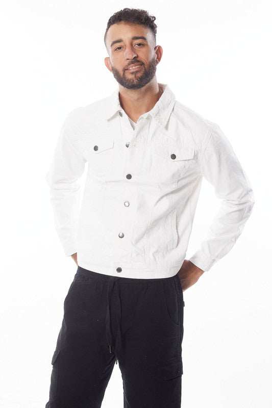 Men's white denim jacket, 100% cotton, casual style, regular fit.