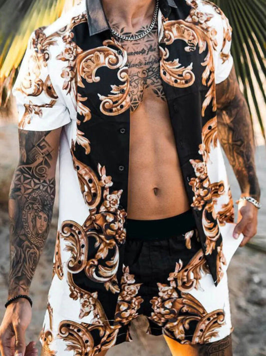 Men's plus size printed button-up short sleeve shirt and shorts set with ornate design.