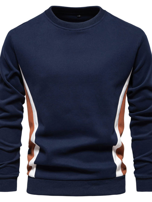 Men's side striped contrast round neck sweatshirt, slightly stretchy, cotton-poly blend.