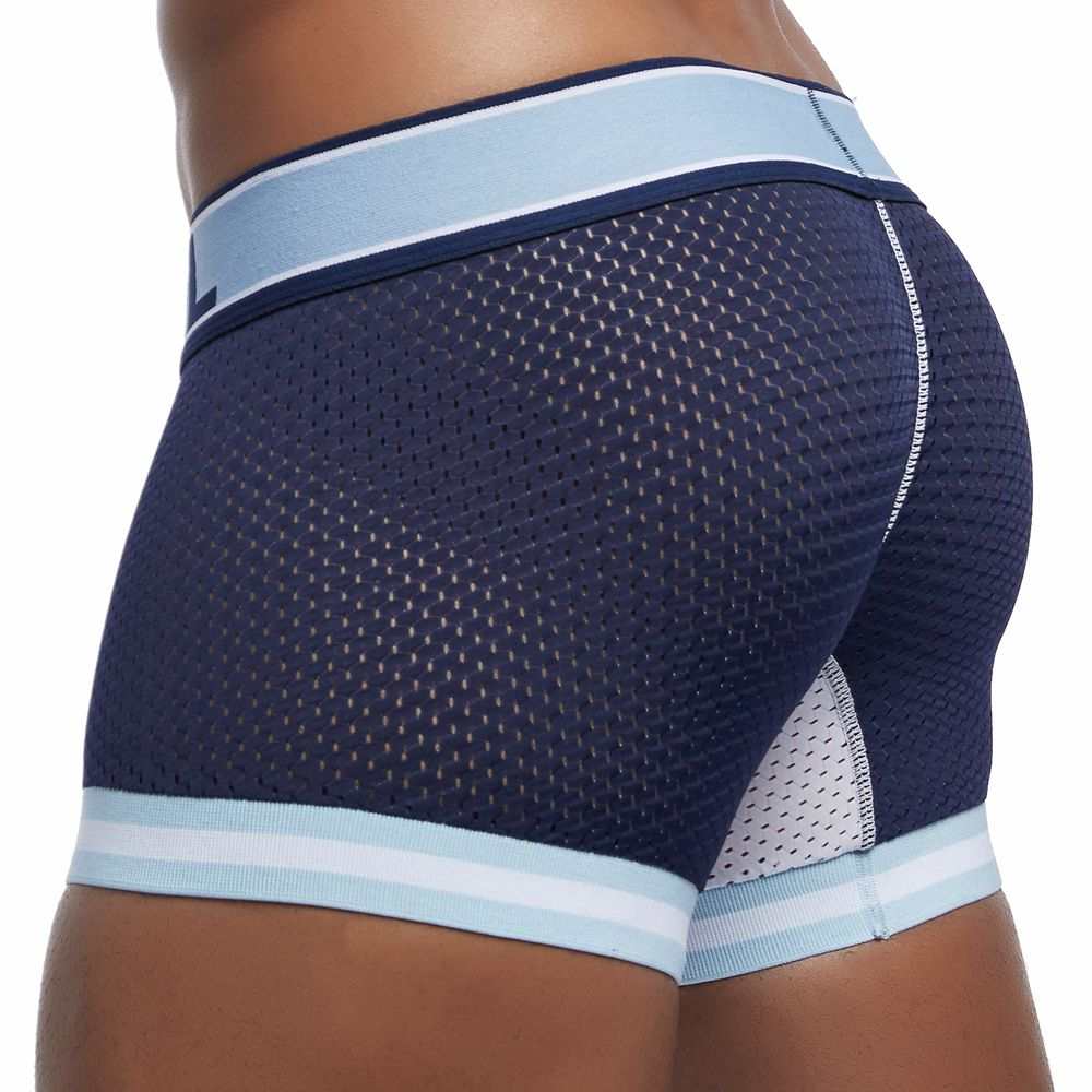 Breathable mesh men's boxer briefs in navy with light blue waistband, designed for comfort and moisture-wicking.
