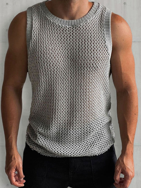 Men's round neck sleeveless knit top with hollow out design.