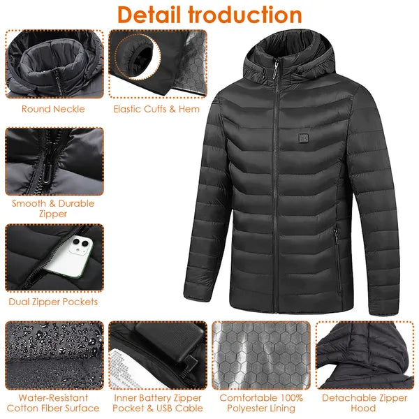 MENLL Heated Jacket Winter Coat Unisex 3-Level Heat 8 Zones Detachable Hood