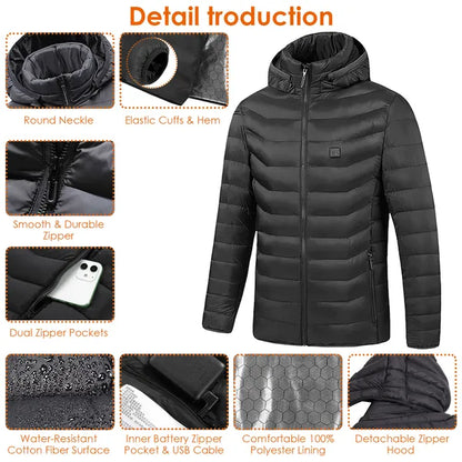 MENLL Heated Jacket Winter Coat Unisex 3-Level Heat 8 Zones Detachable Hood