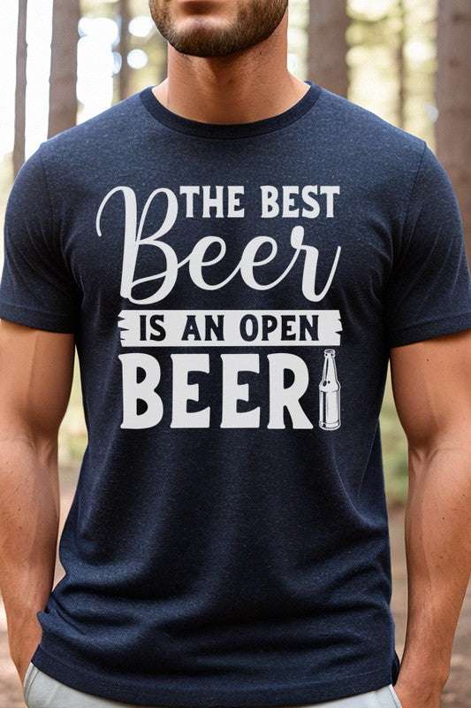 Father's Day tee with "The Best Beer is an Open Beer" design in navy blue.
