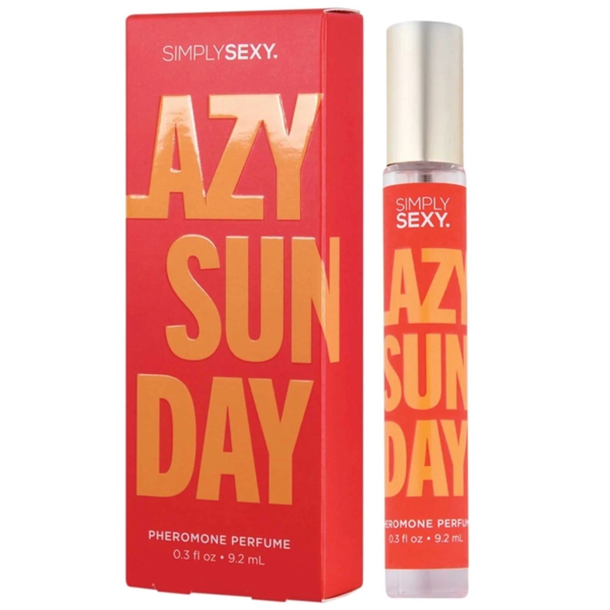 Pheromone Perfume Lazy Sunday with citrus and woody notes, 0.3 fl oz bottle.