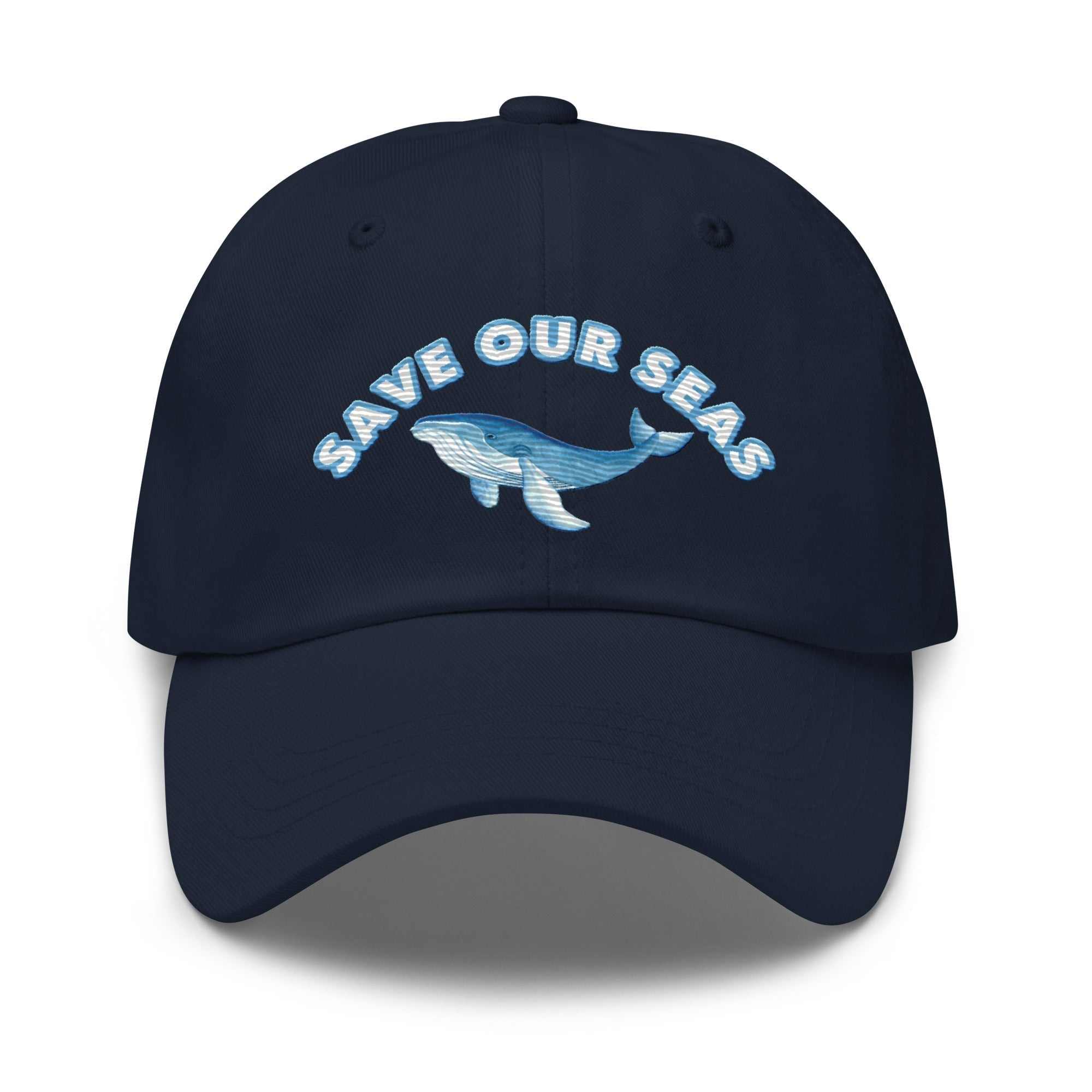 Navy Save Our Seas Whale Dad hat made from cotton twill with embroidered whale and adjustable strap.