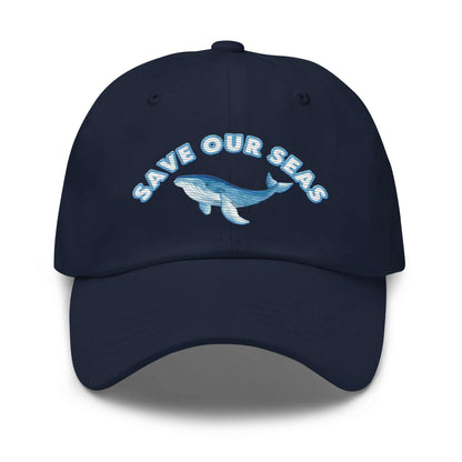 Navy Save Our Seas Whale Dad hat made from cotton twill with embroidered whale and adjustable strap.