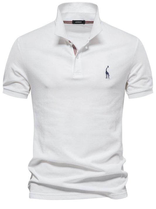 Men's white polo with giraffe embroidery, short sleeves, cotton-polyester blend.