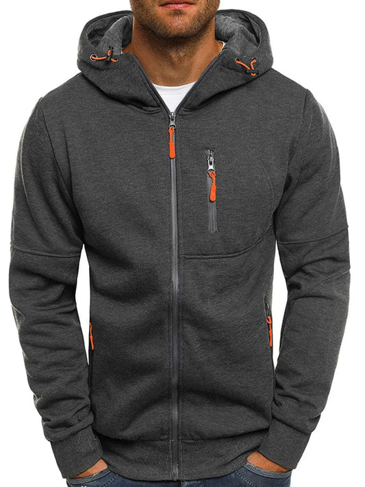 Men's full size zip up long sleeve hoodie, slightly stretchy, polyester-cotton blend.