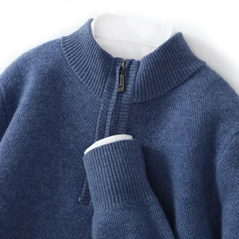 Mens Honeycomb Knit Zip Up Sweater Mid Length Thickened Warmth For Middle Aged Men Casual Wear - MENLL
