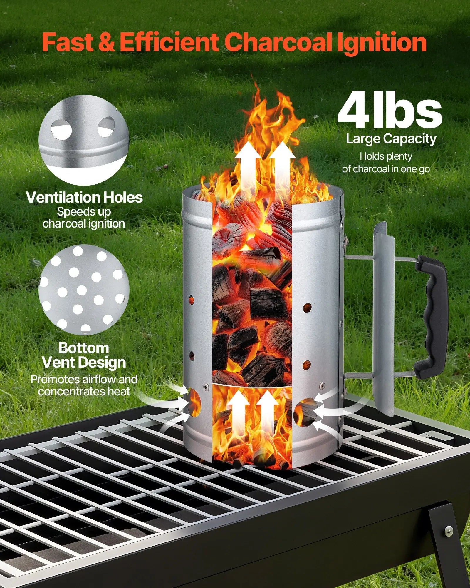 Charcoal Chimney Starter Heavy Duty Steel 4 Lbs Capacity BBQ Grill Fireplace MENLL