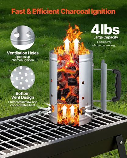 Charcoal Chimney Starter Heavy Duty Steel 4 Lbs Capacity BBQ Grill Fireplace MENLL