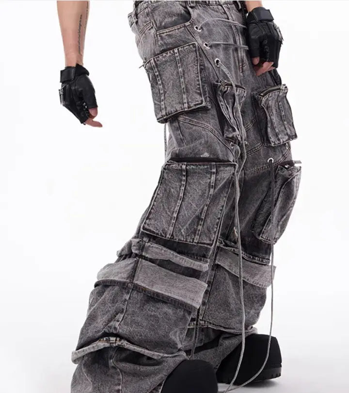 Grey Distressed Denim Cargo Overalls, Rope Stitching Mop Pants, Streetwear Utility Workwear - MENLL