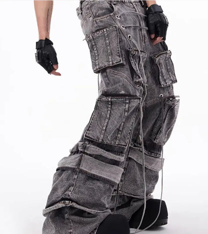 Grey Distressed Denim Cargo Overalls, Rope Stitching Mop Pants, Streetwear Utility Workwear - MENLL