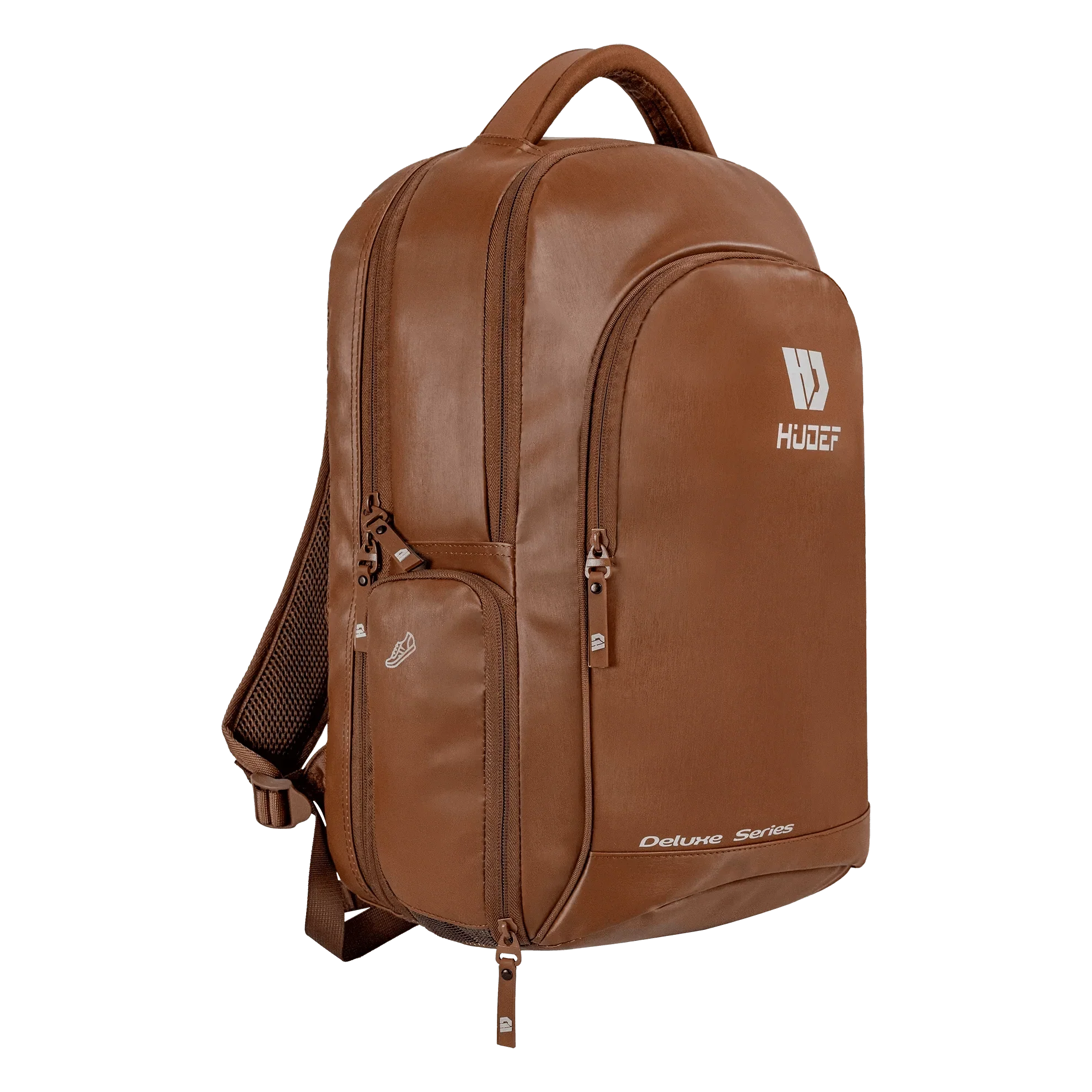 Deluxe Series Pickleball Backpack in brown leather with multiple compartments and padded straps for comfort.