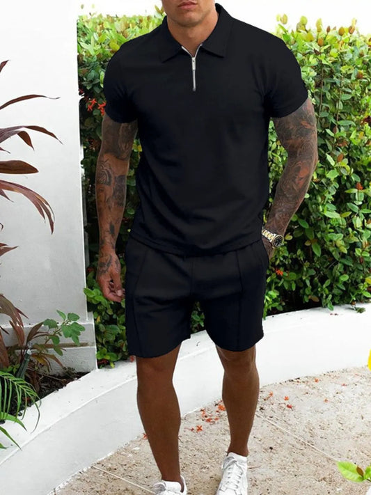 Men's full-size short sleeve top and shorts set, collared neck, black, two-piece outfit.