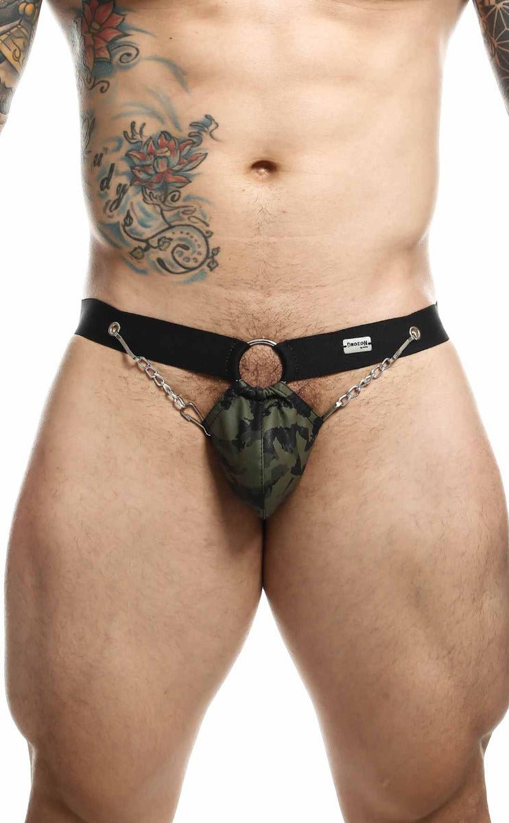 Close-up of the metallic chain detail on the black DNGEON Chain Jockstrap by Malebasics, highlighting its edgy clubwear style.