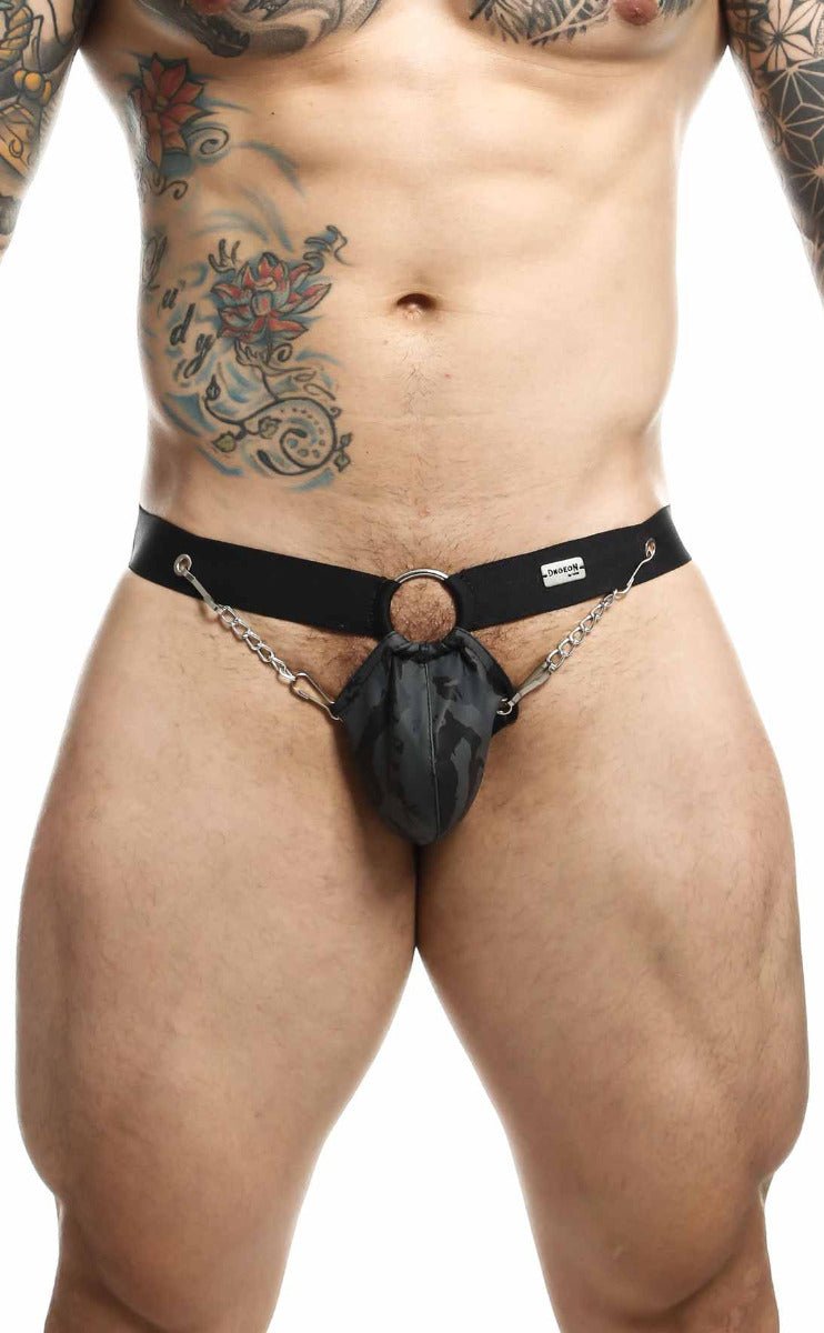 Rear view of the Malebasics DNGEON Chain Jockstrap, showcasing its comfortable black elastic straps and provocative design.