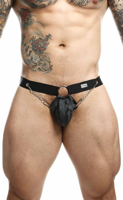 Rear view of the Malebasics DNGEON Chain Jockstrap, showcasing its comfortable black elastic straps and provocative design.