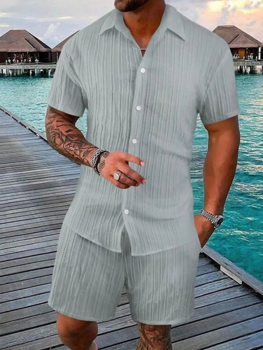 Men's full size button down short sleeve shirt and shorts set plus size, beach background