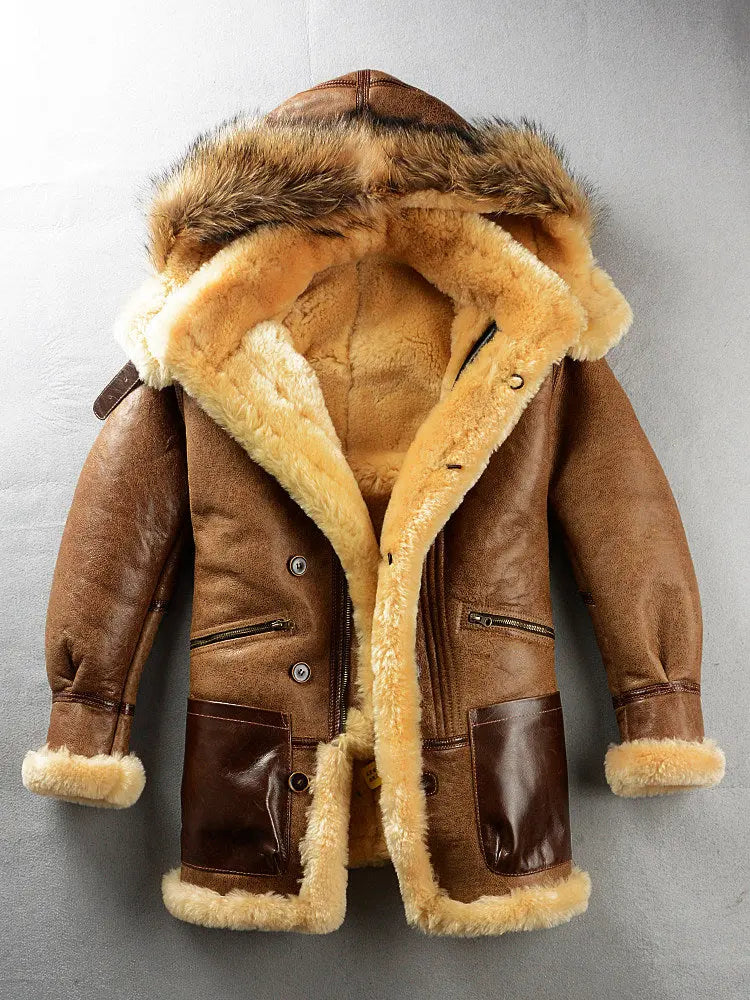 Light Brown Shearling Leather Coat With Multiple Pockets, Thick Fur Lined Winter Coat - MENLL