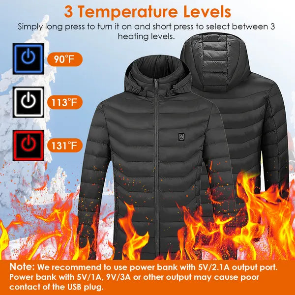 MENLL Heated Jacket Winter Coat Unisex 3-Level Heat 8 Zones Detachable Hood