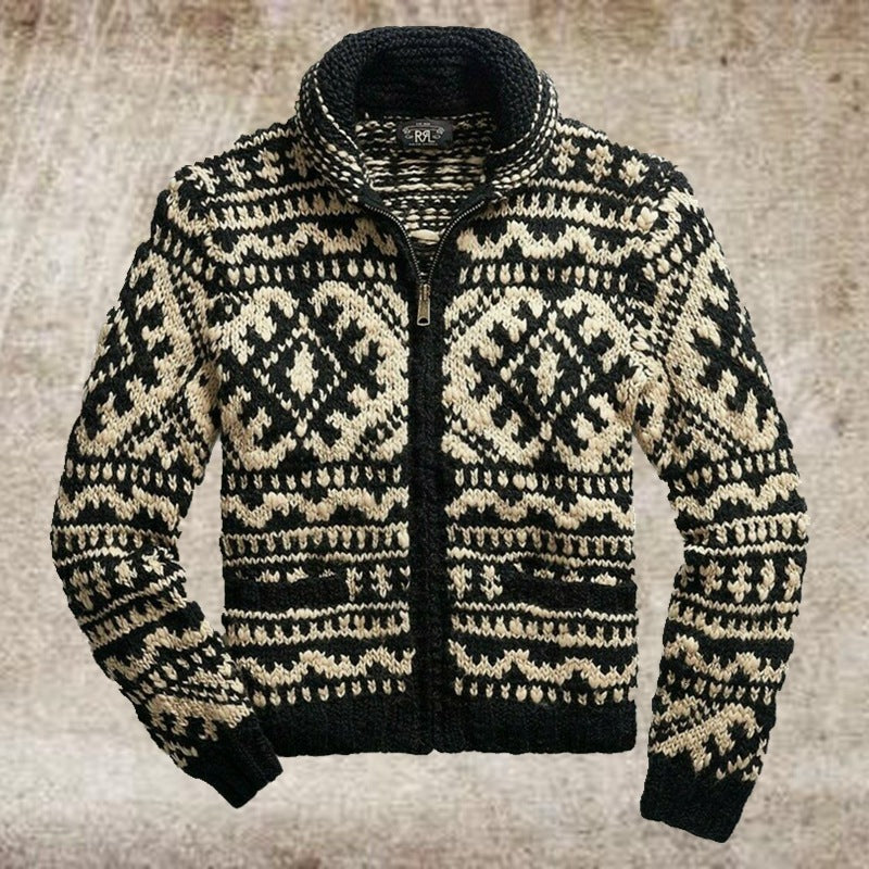 Men's Jacquard Knit Jacket Lapel Long Sleeve Jacket Sweater