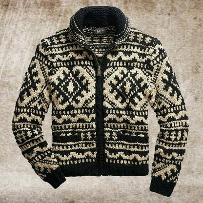 Men's Jacquard Knit Jacket Lapel Long Sleeve Jacket Sweater